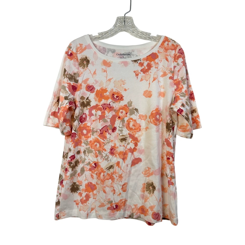 Croft & Barrow Womens Large Orange‎ Floral Cotton Short Sleeve Crew Neck T-Shirt